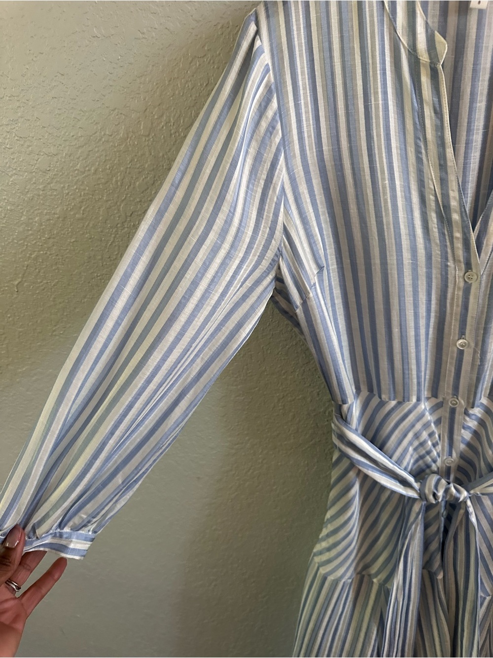 Veronica Beard Jenna Tie Waist Linen Silk Stripe Midi Dress Size 8 Blue White - Picture 7 of 16